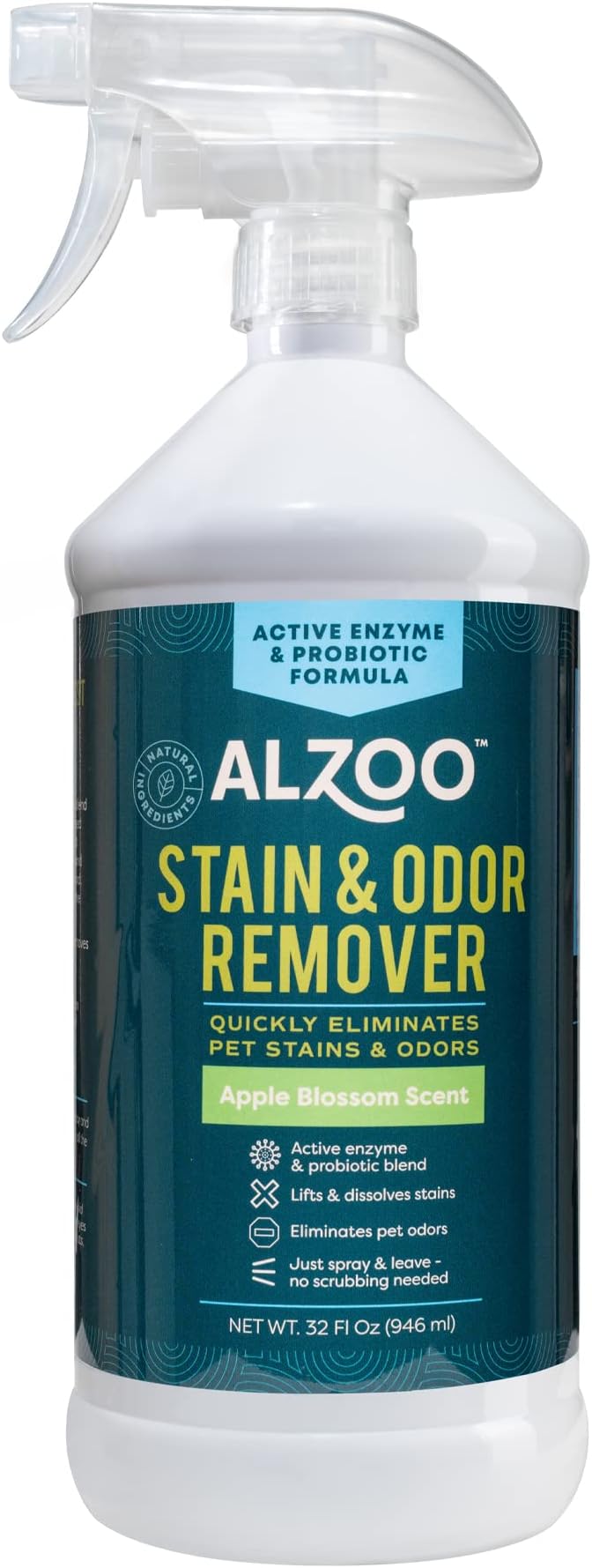 ALZOO Stain & Odor Remover, Quickly Lifts & Dissolves Pet Stains & Helps Eliminate Odors, 100% Plant-Based Active Ingredients, Apple Blossom Scent, 32 Fl. Oz Spray Bottle