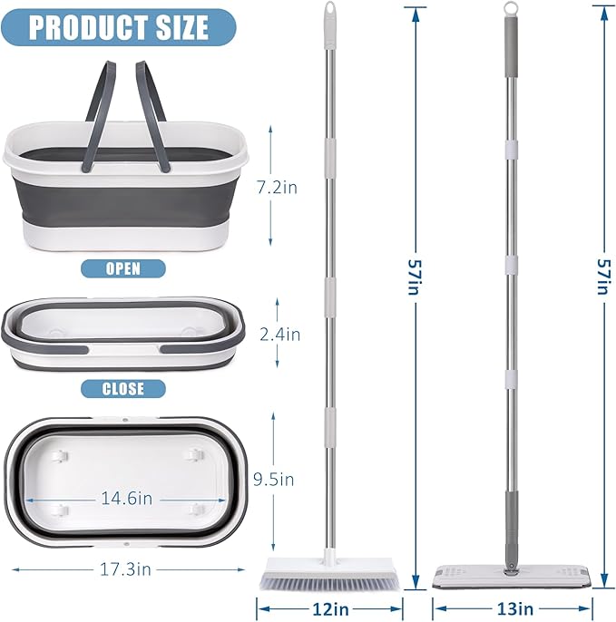 Flat Mop and Bucket Set with Heavy Duty Scrub Brush, 2 Washable Reusable Microfiber Pads, for Tile Hardwood, Wall Cleaning, Home Indoor or Outdoor Cleaning (White-Gray)