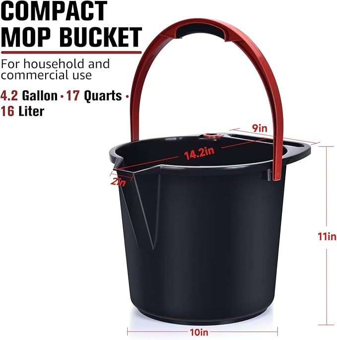 Matthew Cleaning 4.2 Gallon Mop Bucket, Heavy Duty Plastic Cleaning Bucket with Built-in Pour Spout, Mop Holder and Comfort Grip Handle, House and Commercial Cleaning Supplies, 2 Pack Black