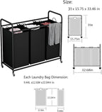 LINZINAR 3-Bag Laundry Basket, Black Laundry Hamper, 35.6 Gal(135 L) Laundry Sorter Cart Laundry Room Organization with Heavy Duty Rolling Lockable Wheels and Removable Bags