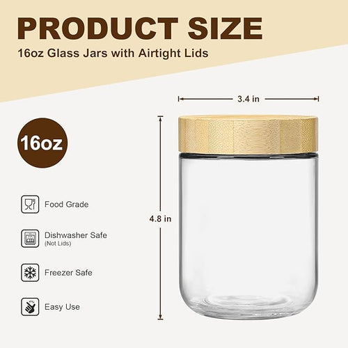 2 Pack 16oz Glass Jars with Bamboo Lids, Overnight Oats Containers with Airtight Lids, Storage Containers Wide Mouth Mason jars for Salad,Yogurt, Sugar, Snacks, Spices