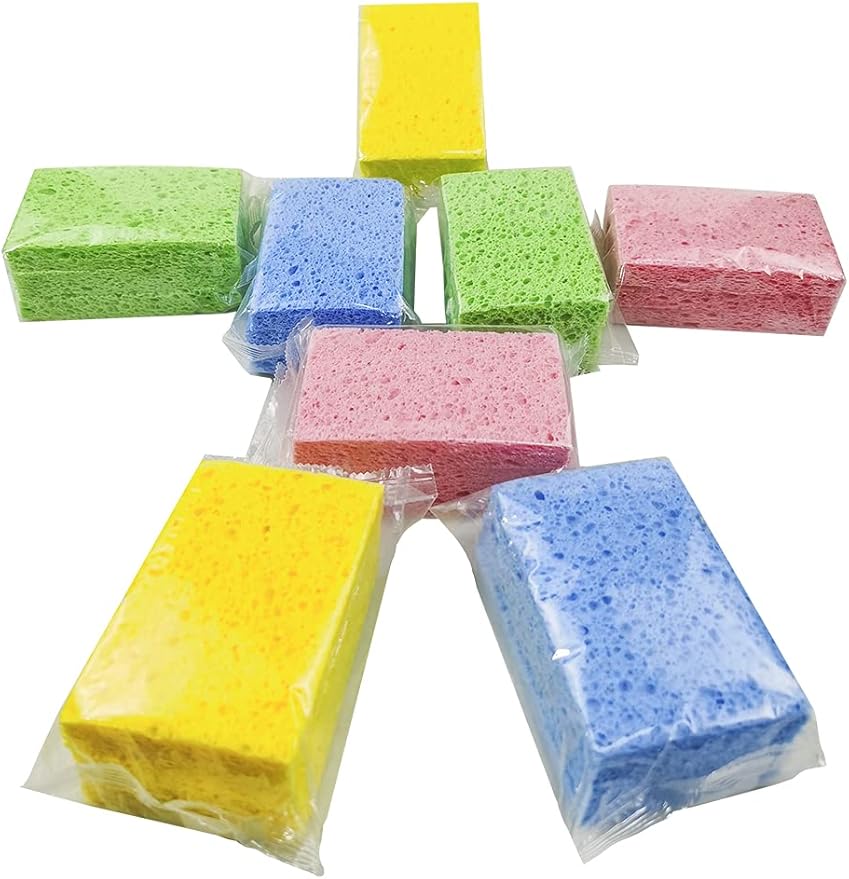 Cellulose Sponges Kitchen, for Washing Dishes, in Bulk, 24 Pack (3 Count x 8 Individually Wrapped + 2 Free Scouring Pads), 100% Natural Biodegradable