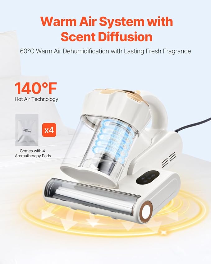 VEVOR Mattress Vacuum Cleaner, 550W Bed Vacuum Cleaner with 18Kpa Powerful Suction and Dual Dust Bin, HEPA Filter & Heating, Ultrasound Tech & Cleaning Lights, Handheld for Bed, Sofa, Corded, White