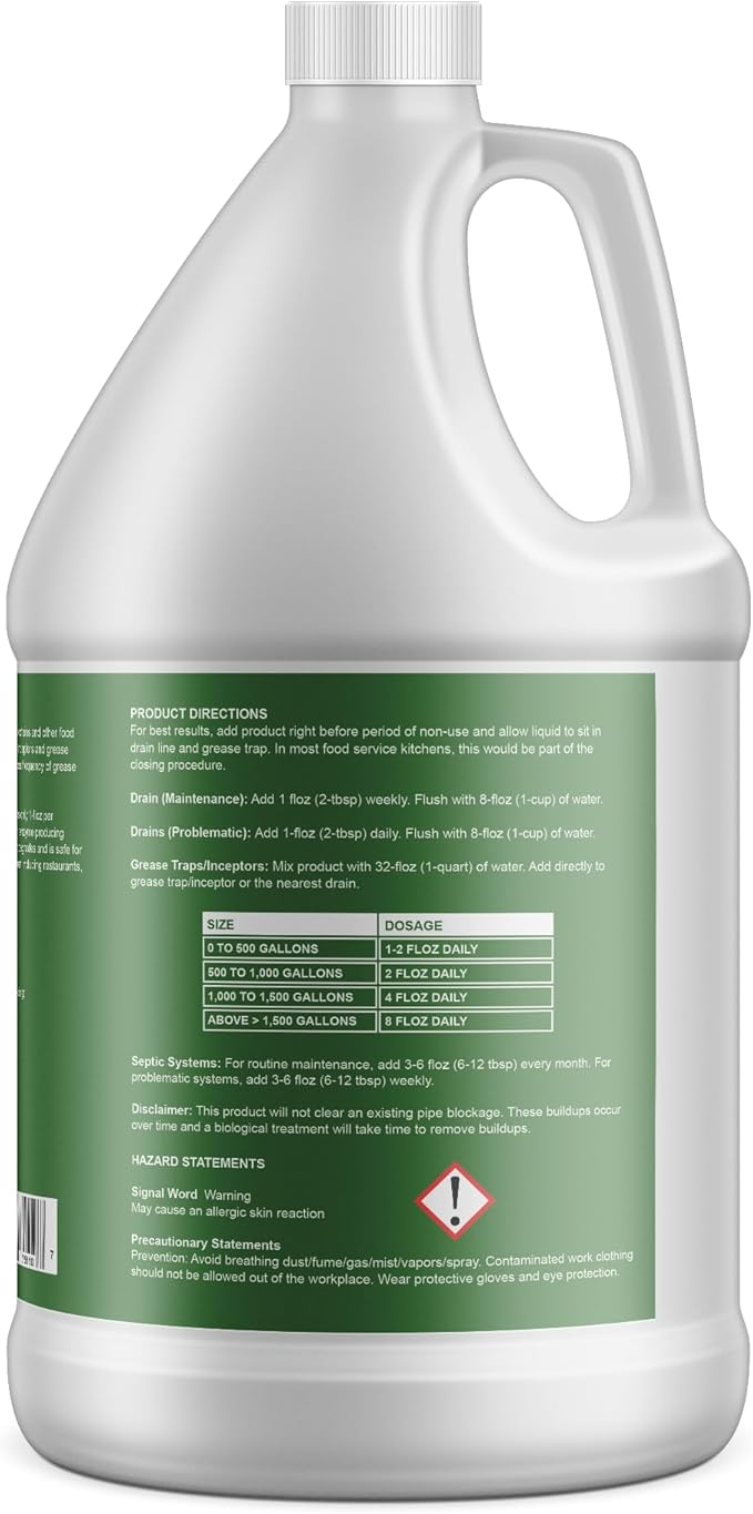 Drain and Grease Trap Maintainer- 1 Gallon (128 Treatments) - Biological Formula - Breaks Down Fats Oils and Grease - Grease Trap Treatment, Drain Deodorizer, Septic, Sewers