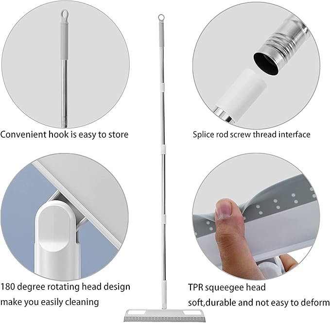 Multifunction Magic Broom, Silicone Floor Squeegee with 56" Long Handle, Rubber Sweeper, Air Broom for Floor Bathroom Kitchen Shower Tile Pet Hair Fur Marble Glass Water Window Foam Cleaning (Grey)