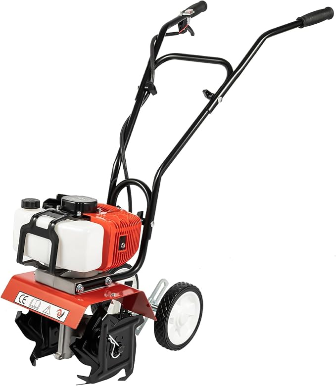 Garden Tiller Cultivator,2-Stroke 52CC Gas Powered Engine Rototiller Garden Tool with Widened Mud Flap Cordless with Long Handle Strong Power Garden Cultivator for Plowing Turning Soil Ditching