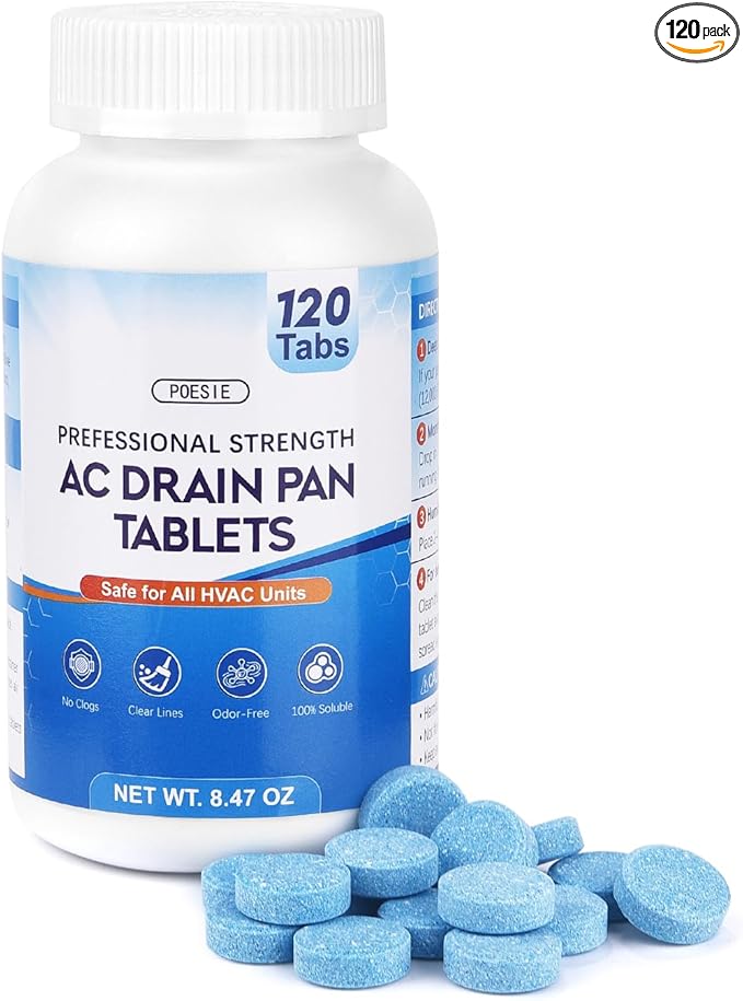 Poesie AC Drain Pan Tablets 120 Count, Condensate Tablets, Non-Clog Pan Cleaner, Effective Odor Control for All HVAC, Dehumidifiers and Appliance Pans