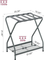 1-Piece Foldable Gray Luggage Rack Stand with Storage Shelf – Heavy Duty Metal Suitcase Holder, 150 lbs Top, 50 lbs Bottom, Fits 20”-28” Luggage – Guest Room, Bedroom, Hotel LR-GY-1