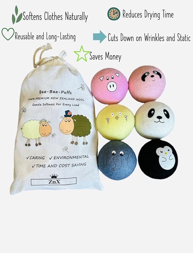 ZnX Wool Dryer Balls 6 Pack XL Eco-Friendly, Renewable and Biodegradable Crafted from 100% Organic New Zealand Sheep Wool, Wool Balls Replaces Dryer Sheets - Laundry Balls with Storage Bag