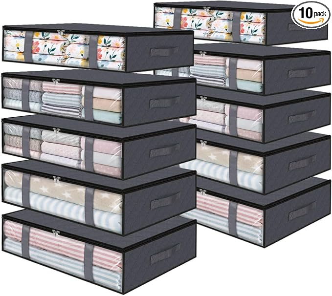 StorageRight Under Bed Storage Bags 10 Pack, 40L Large Clothes & Comforter Storage Containers with Clear Window, Breathable Fabric Organizer for Blankets, Bedding, Seasonal Clothing, Grey