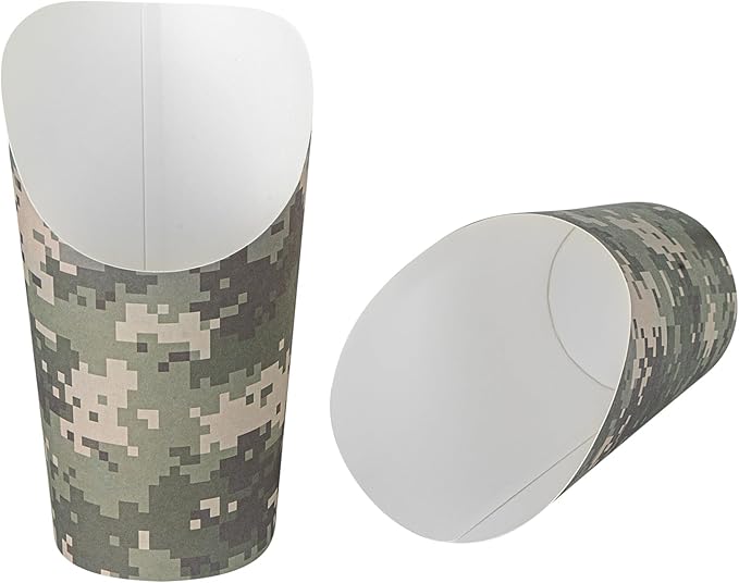 Restaurantware Bio Tek 16 Ounce French Fry Containers, 100 Disposable Charcuterie Cups - Incline Design, Round, Camouflage Paper French Fry Cups, Stackable, For Waffles, Chips, or Popcorn