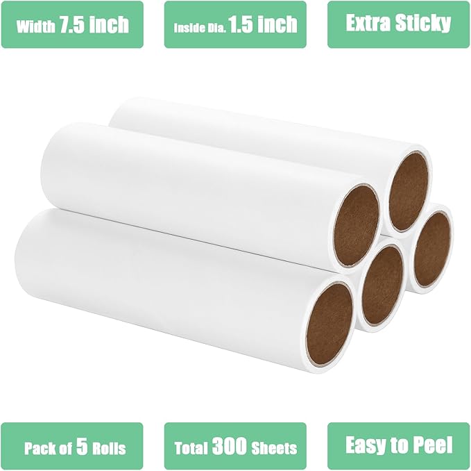 7.5 inch Lint Roller Refills Only, Pet Hair Remover Refills for Clothes Carpet Floor Couch, Extra Sticky Lint Brush Roller Refills, Pack of 5 Rolls, Total 300 Sheets (7.5'' Wide)