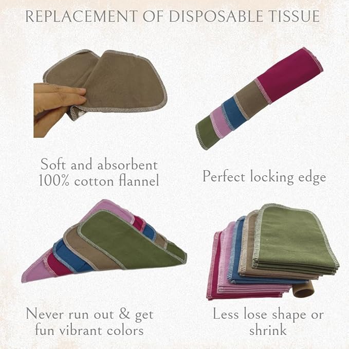 Reusable Toilet Paper Towels 20 Count Roll,Washable Cotton Cloth Paper Bidet Towels,2-Ply Super Soft Absorbent,Paperless Wipes Zero Waste(Solid 5 Colors)