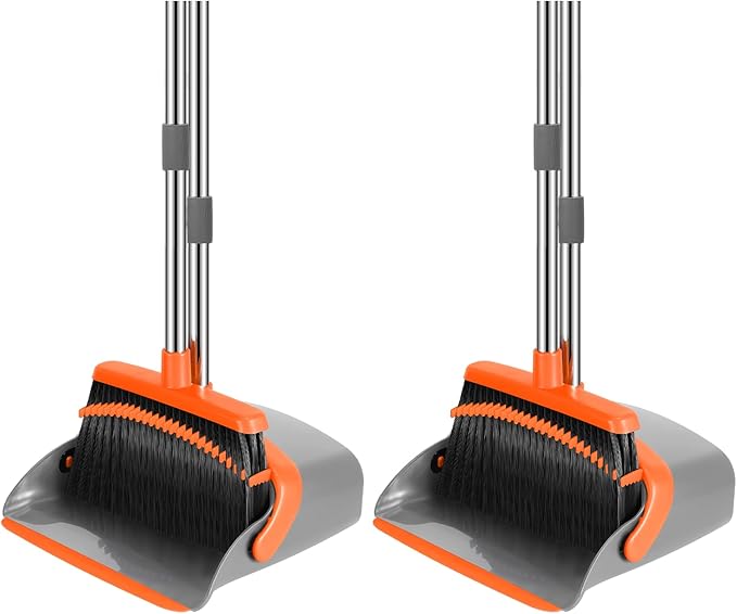 NACENA Broom and Dustpan Set, 52-in Long Adjustable Handle Broom Dustpan Combo with Dustpan Teeth to Automatically Clean Hair Suitable for Home Kitchen Office Hall Floor (Grey&Orange), 2 Pack