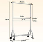 HYSEYY Heavy Duty Clothes Rack, Double Rod Clothing Rack for Hanging Clothes, Rolling Garment Rack, Adjustable Freestanding Wardrobe Closet Coat Rack for Bedroom Laundry Living Room, Silver