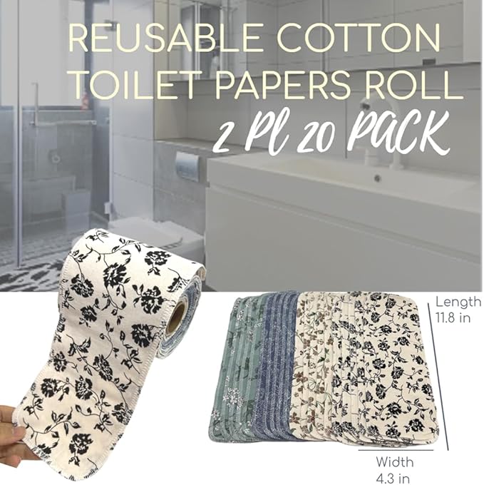 Reusable Toilet Paper Towels 20 Count Roll,Washable Cotton Cloth Paper Bidet Towels,2-Ply Super Soft Absorbent,Paperless Wipes Zero Waste(4 Colors Flower)