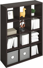 Furinno Simple Cube Storage Organizer, 12-Cube Display Shelf, Open Back Shelving Unit, Storage Shelves, Extra Thick Frame, for Organization and Storage, Living Room, Home Office, Dark Oak