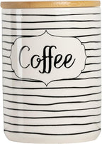 10 Strawberry Street Labeled Ceramic Kitchen Canister Set, Set of 3, Coffee Sugar Flour, White/Black, Bamboo Lids