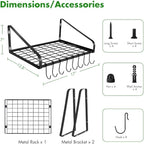 Felibeaco Hanging Pots & Pans Rack,Wall Mounted Pots Pans Organizer Holder Rack with 8 Hooks, Kitchen Wall Storage Organizer Hanger Shelves for Pans Set, Utensils, Cookware, Books, Household,Black