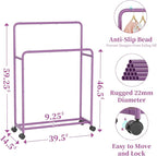 Simple Trending Clothing Clothes Rack Double Rods with Wheels, Rolling Metal Garment Rack for Hanging, Purple