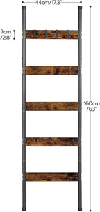HOOBRO Blanket Ladder, 5-Tier Towel Rack with Hooks, Wall-Leaning Blanket Rack, Decorative Display Ladder Shelf, for Scarves, Industrial, Living Room, Bedroom, Rustic Brown and Black BF52CJ01