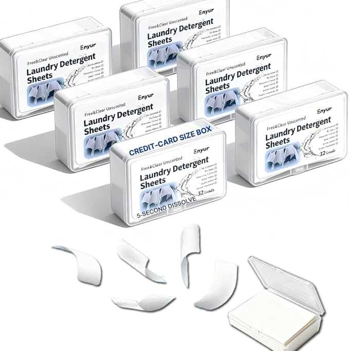 Fragrance-Free Laundry Sheets - Ultra-Concentrated Travel Detergent in Compact Storage Box, 5-Second Dissolve, 2X Stain Removal, HE-Safe, TSA Approved Detergent Sheets 6 Pack / 192 Loads