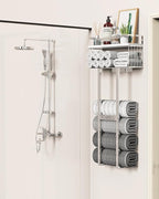 Aetyord Towel Racks for Bathroom - Wall Mounted Metal Rack with Wood Plank, Bathroom Storage Organizer, Towel Holder Stores 6 Large Rolled Towels Easily, Silver with White Plank