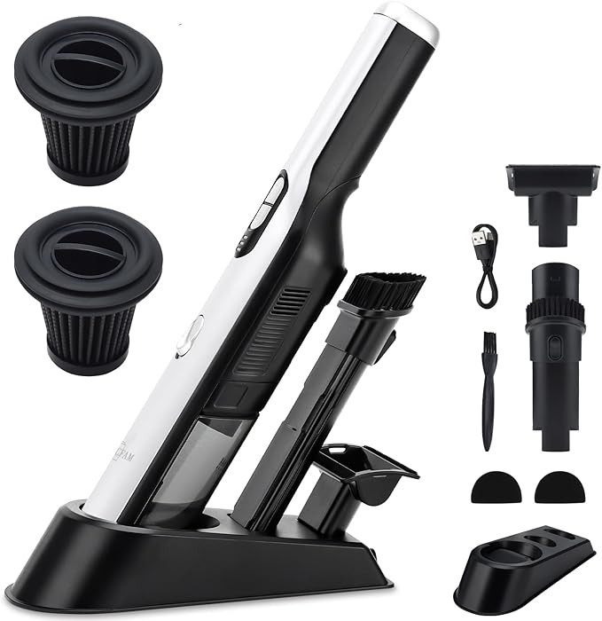 Handheld Cordless Vacuum Cleaner, Portable Car Vacuum with 18KPa Suction Power, Quick-Charge Hand Vac with LED Headlight & Storage Dock for Home Office Desk Keyboards Pet Hair, White