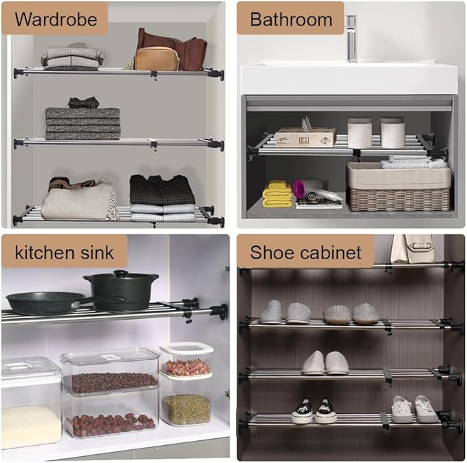 Hershii Expandable Closet Tension Shelf Rod Adjustable Metal Storage Rack Cabinet Organizer DIY Divider Separator Shelves for Wardrobe Cupboard Kitchen Bathroom, Black,43.3-75inches