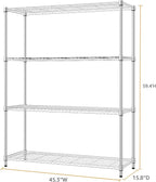 M MZG 5-Shelf Storage Shelves,Wire Shelving Heavy Duty Metal Storage Shelving Unit Adjustable Garage Shelving Rack Pantry Kitchen (Chrome, 4 Tier,15.8" D x 45.3" W x 59.4" H)
