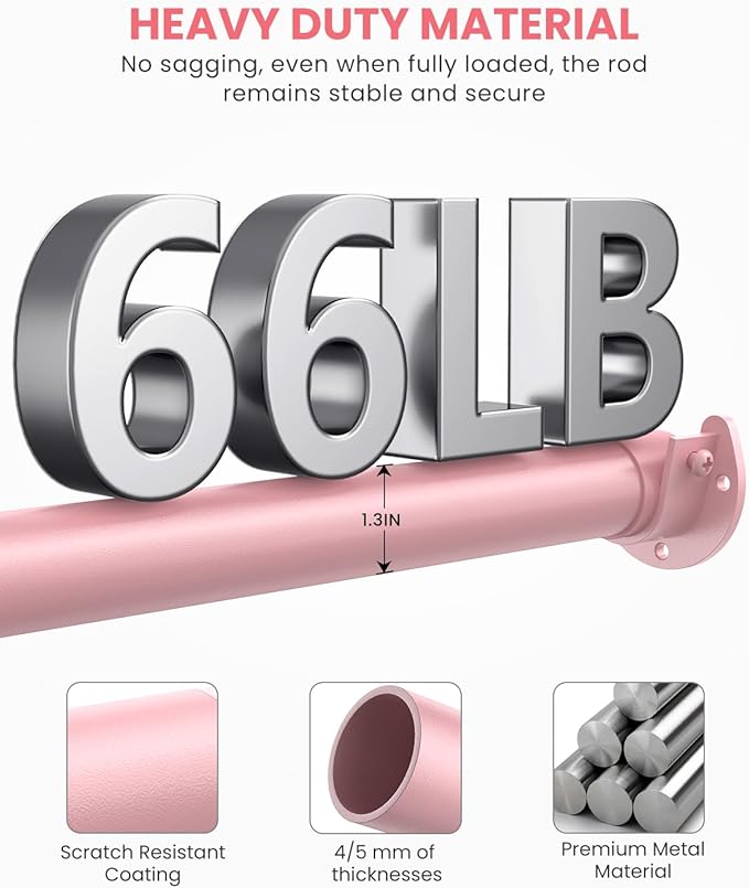 Supforce Closet Rods for Hanging Clothes, 17 to 39 Inches Stepless Adjustable Metal Closet Rod, 1.3 Inches Heavy Duty Clothes Hanging Rod for Closet Wardrobes Laundry RV, Pink