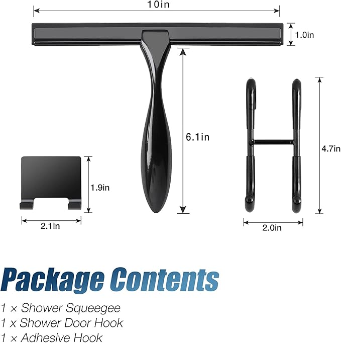 Simtive 10-Inch Shower Squeegee Set, Includes Shower Door Hook and Adhesive Hook, Squeegee for Shower Doors, Mirror and Window, Black