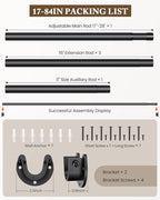 Closet Rod 17-84 IN, Heavy Duty Closet Rods for Hanging Clothes, Adjustable Closet Rods for Wardrobes Storage Laundry RV Bathroom, Easy Install, Black