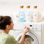 Glass Laundry Detergent Dispenser Set with Cork Lids, Fabric Softener Dispenser, Easy Pour 3 Pack Laundry Bottles, Liquid Detergent Containers, Scent Booster & Bleach Container for Laundry Room