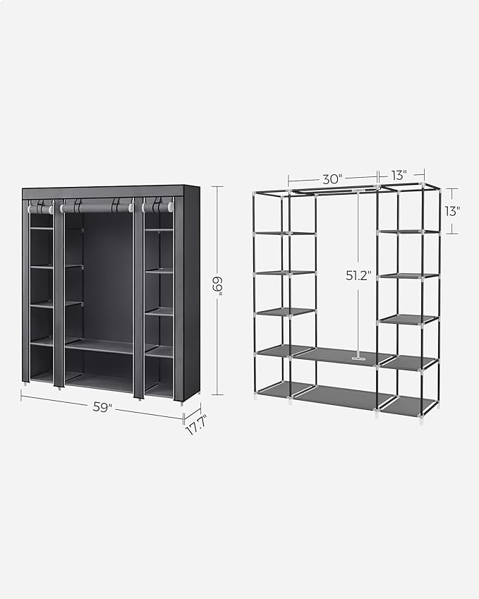 SONGMICS Closet Wardrobe, Portable Closet for Bedroom, Clothes Rail with Non-Woven Fabric Cover, Clothes Storage Organizer, 59 x 17.7 x 69 Inches, 12 Compartments, Gray ULSF03G