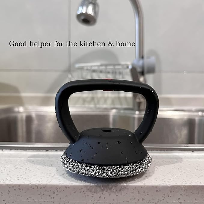 MEIXINZHI Cast Iron Cleaner, Chain Mail Scrubber & Pan Grill Scrapers - 2 in 1 Cast Iron Skillet Cleaner (Black, Without mat)