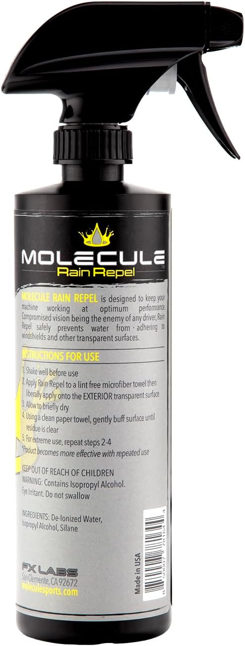 Molecule Rain Repel Glass Cleaner | Water Beading Spray for Windshields, Helmets, and Goggles | Boosts Wet Weather Visibility | Streak-Free Formula for All Vehicles | 16 Ounces