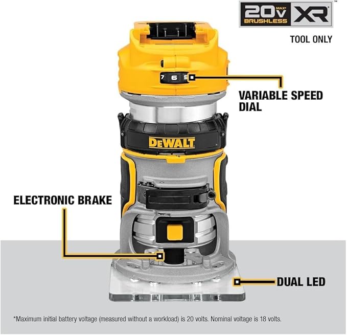 DEWALT DCW600B 20V MAX XR CMPCT Metal Fixed Base Router