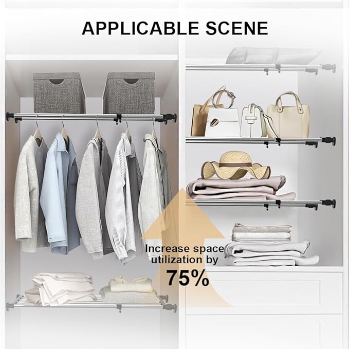 Hershii Expandable Closet Tension Shelf Rod Adjustable Metal Storage Rack Cabinet Organizer DIY Divider Separator Shelves for Wardrobe Cupboard Kitchen Bathroom, Black,43.3-75inches