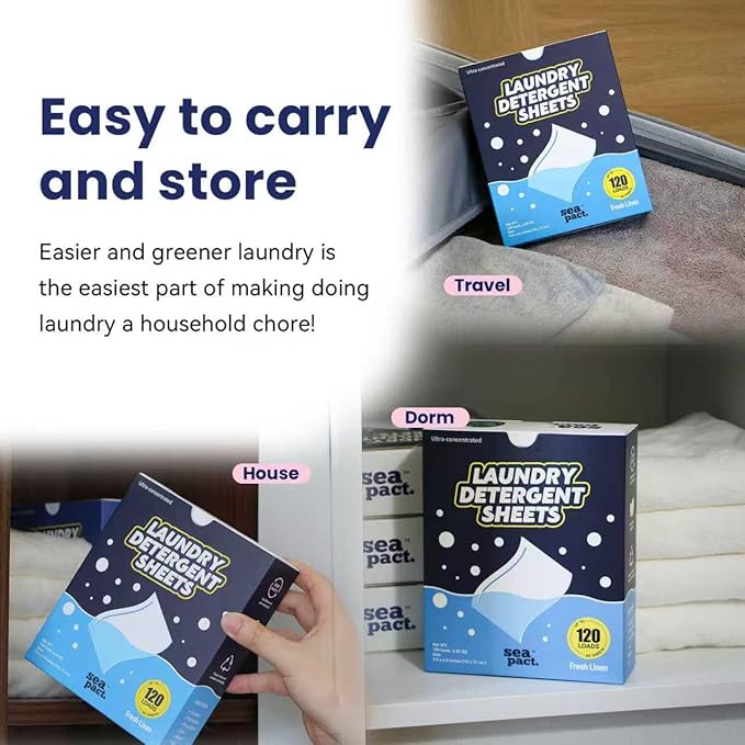 Laundry Detergent Sheets 120 Loads Unscented, Plastic Free Eco, Stain-Fighting Enzymes, Affordably Prices Laundry Sheets, Hypoallergenic, Fragrance Free, Space Saving for Dorm House Travel 60 Ct