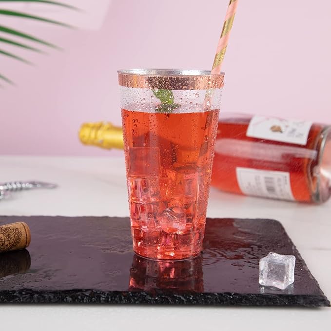 LIYH 100 Pcs Rose Gold Plastic Cups 16 oz - Clear Plastic Tumblers Rose Gold Rimmed Cups Fancy Disposable Wedding Cup Elegant Party Drinking Cup 480ml