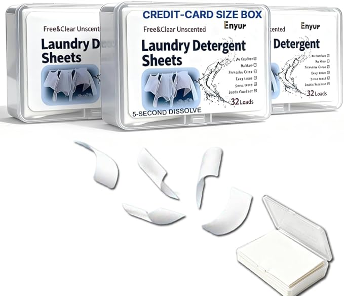 Fragrance-Free Laundry Sheets - Ultra-Concentrated Travel Detergent in Compact Storage Box, 5-Second Dissolve, 2X Stain Removal, HE-Safe, TSA Approved Detergent Sheets - 3 Pack / 96 Loads