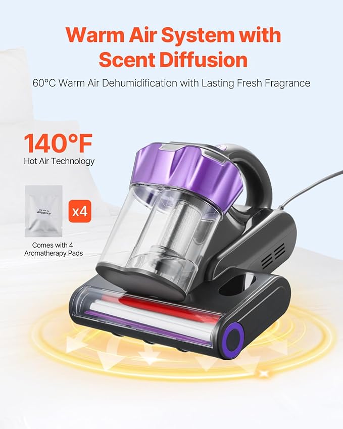 VEVOR Mattress Vacuum Cleaner, 550W Bed Vacuum Cleaner with 18Kpa Powerful Suction and Dual Dust Bin, HEPA Filter & Heating, Ultrasound Tech & Cleaning Lights, Handheld for Bed, Sofa, Corded, Gray