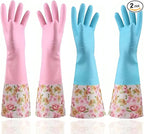 KINGFINGER Rubber Latex-Free Waterproof Dishwashing Gloves,2 Pair Medium Long Cuff Flock Lining Household Cleaning Gloves