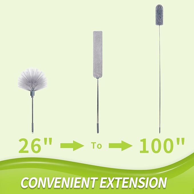 Duster with Extension Pole, Skinny Duster/Under Appliance Cleaning Tool & Spider Web Brush & Ceiling Cleaner, 100" Microfiber Feather Cleaner with Washable Head for Fan Furniture Wall