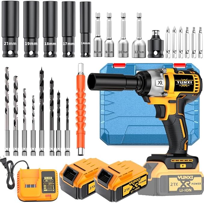 Wireless impact electric wrench kit, impact drill with charger, lithium-ion battery, portable quick charger - suitable for home and car maintenance and repair (Battery * 2+plastic box)