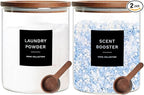 Glass Laundry Storage Containers with Acacia Lids and Scoops, 2 Pack Laundry Room Organization Jars with Labels, Powder Detergent Organizer and Laundry Pod Holder, Glass Laundry Beads Canisters Set