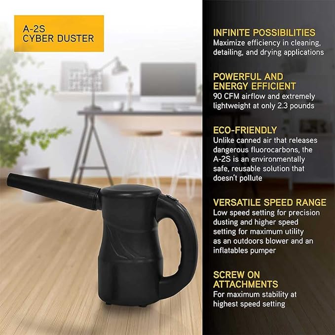 XPOWER A-2S Cyber Duster Electric Air Duster for Dusting, Drying, Inflating, Blowing, Car Detailing, Computer, Leaf Blowing, 90 CFM, 2 Nozzles + 1 Brush, High Performance Motor, Eco-Friendly, Black