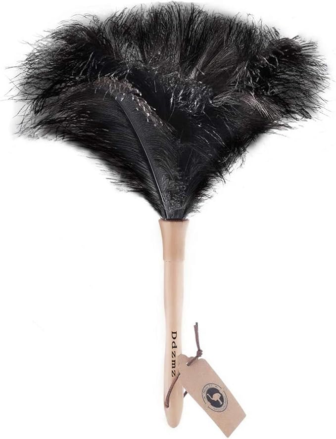 Feather Duster, Ostrich Feather Duster Ddzmz Fluffy Natural Genuine Ostrich Feathers and Reusable Wooden Long Handle Large Ostrich Feather Duster Cleaning for Housewife Black Length 16" 1Pack