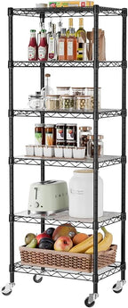 SINGAYE 6 Small Shelf Storage Wire Shelves Closet Bathroom Organizers Metal Pantry Kitchen Garage Shelving Unit Laundry Room Organization Home Narrow Rack Net Basket with Wheels Black